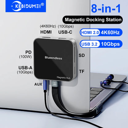 8 in 1 magnetische hub USB C dockingstation Type C naar HDMI 4K60Hz adapter USB A 3.2 10Gbps PD100W USB-hubsplitter voor pc-laptop2025-10-21 17:45:14
