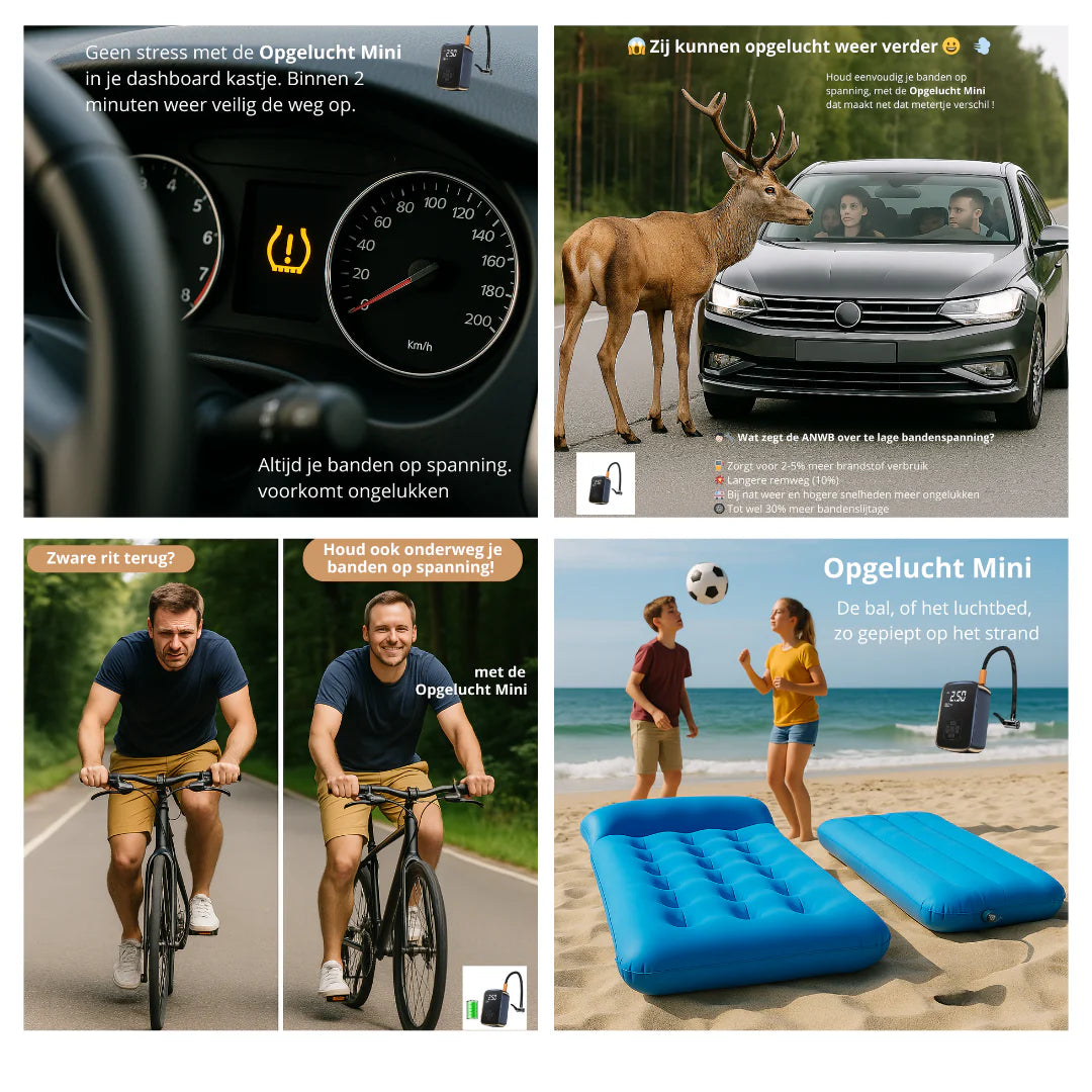 Opgelucht Mini | Draagbare elektrische pomp voor Fiets, Auto, Luchtbed, of bal.